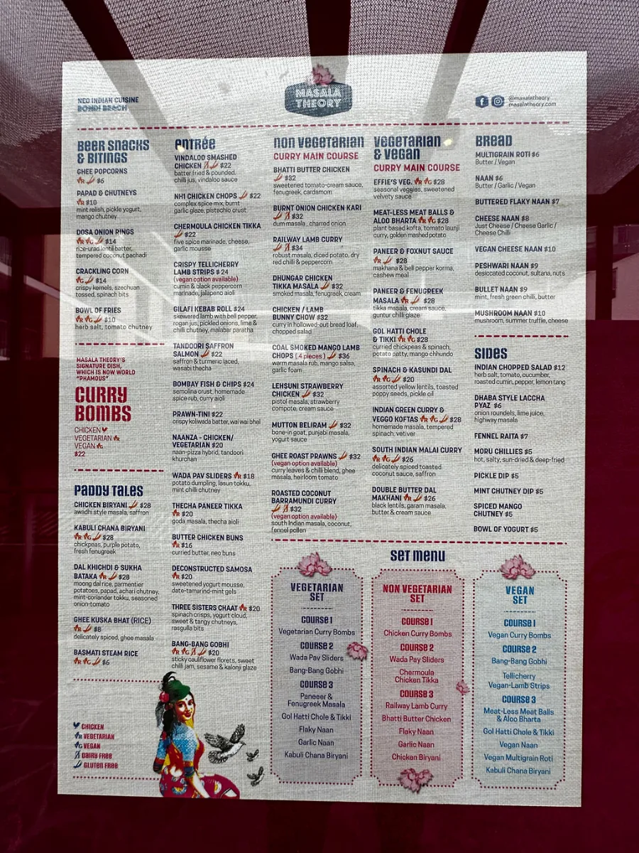 Menu, Masala Theory - Bondi Beach