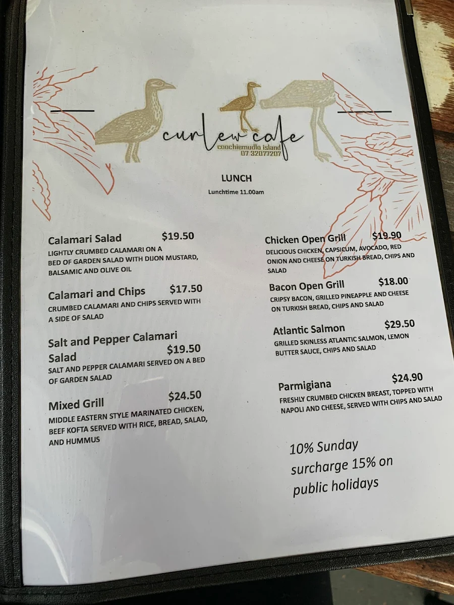 Menu, Curlew Cafe, Coochiemudlo