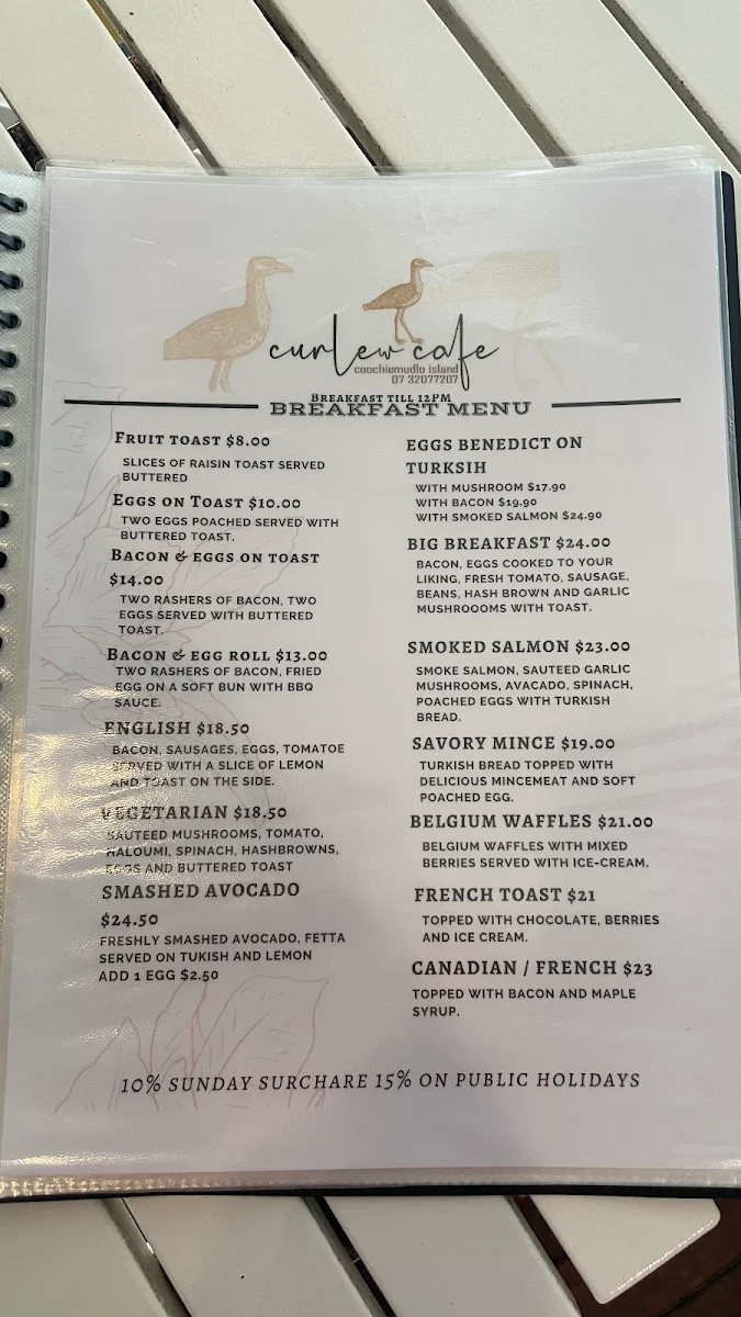 Menu, Curlew Cafe, Coochiemudlo