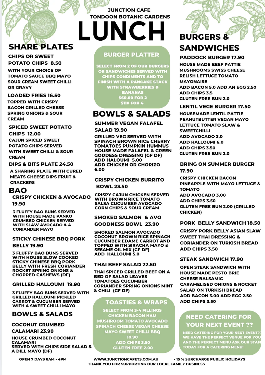 Menu, Junction Cafe Tondoon Botanic Gardens