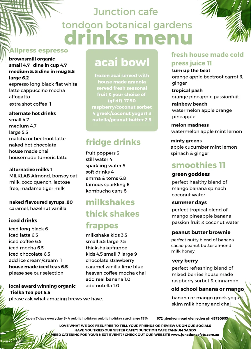 Menu, Junction Cafe Tondoon Botanic Gardens