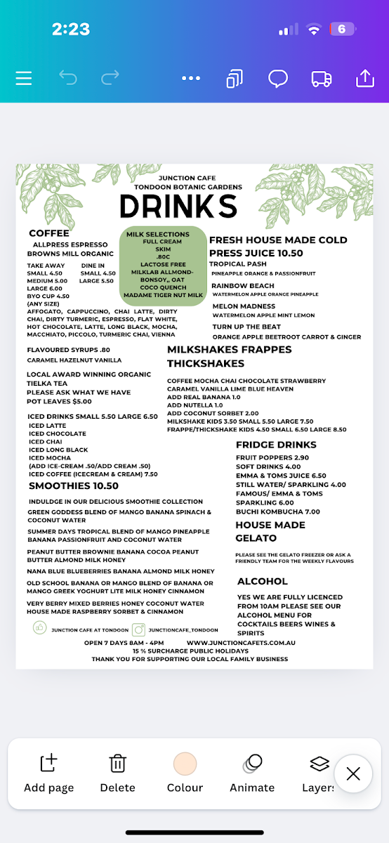 Menu, Junction Cafe Tondoon Botanic Gardens
