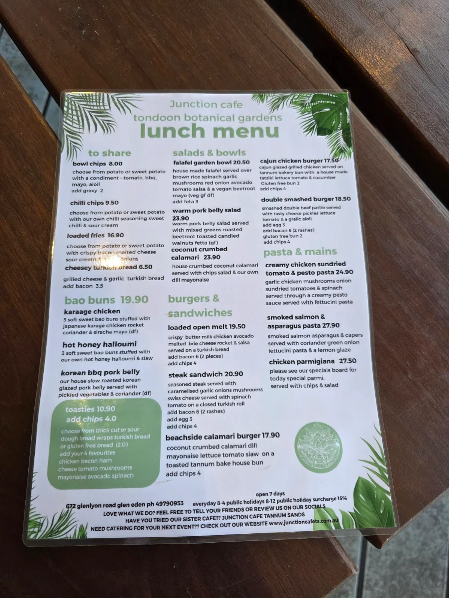 Menu, Junction Cafe Tondoon Botanic Gardens
