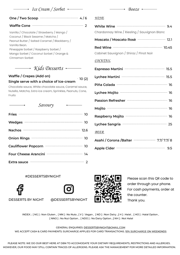 Menu, Desserts By Night- Maribyrnong