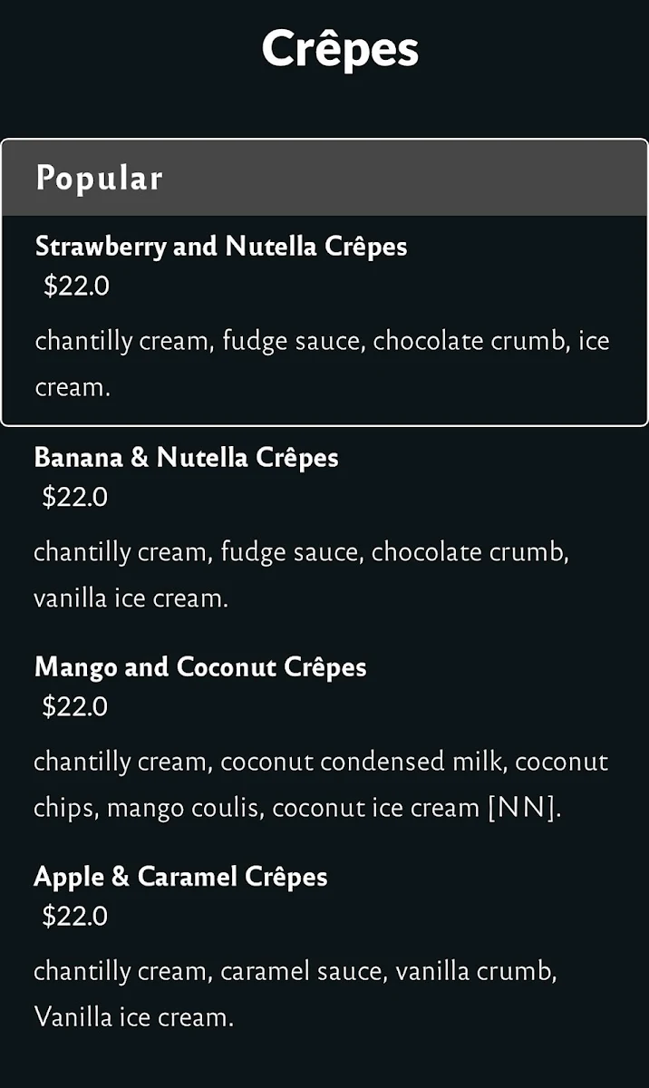 Menu, Desserts By Night- Maribyrnong