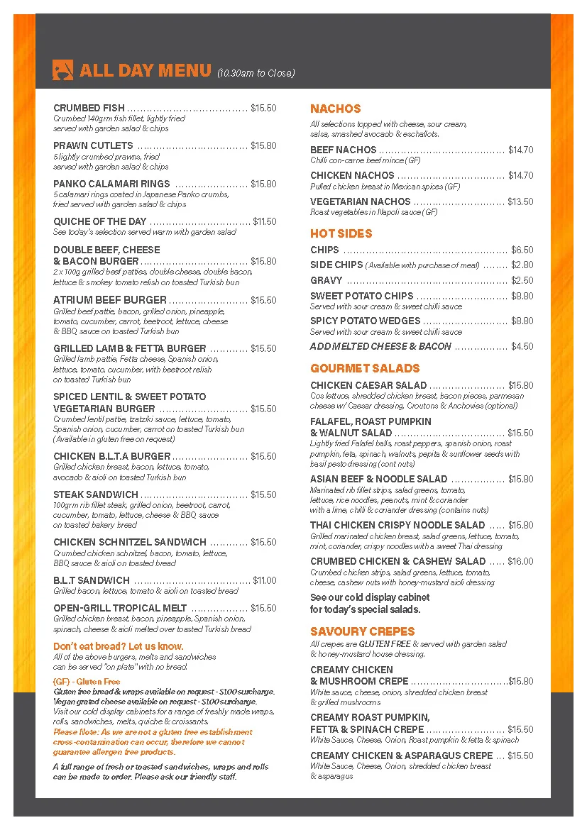 Menu, Atrium Cafe