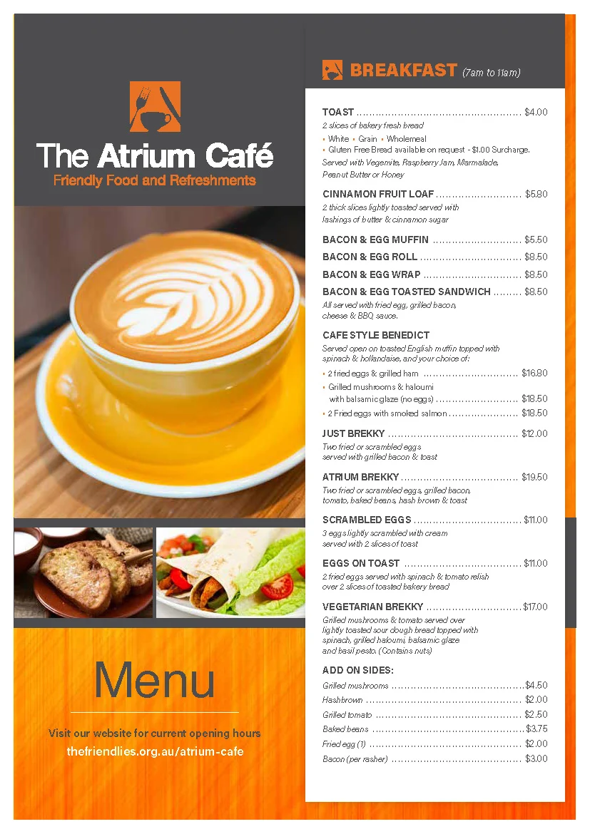Menu, Atrium Cafe