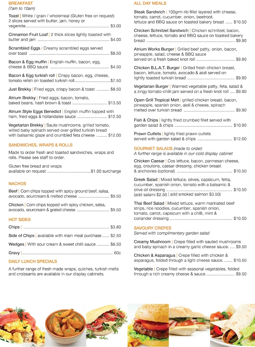 Menu, Atrium Cafe