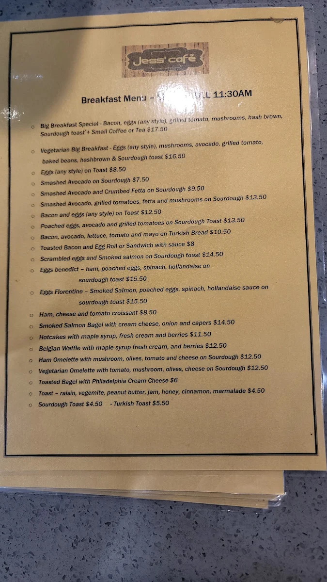 Menu, Jess' Cafe