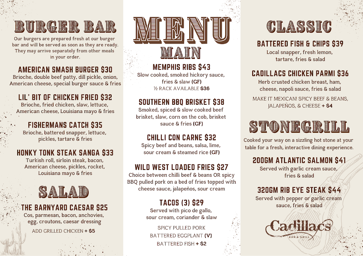 Menu, Cadillacs Bar & Grill