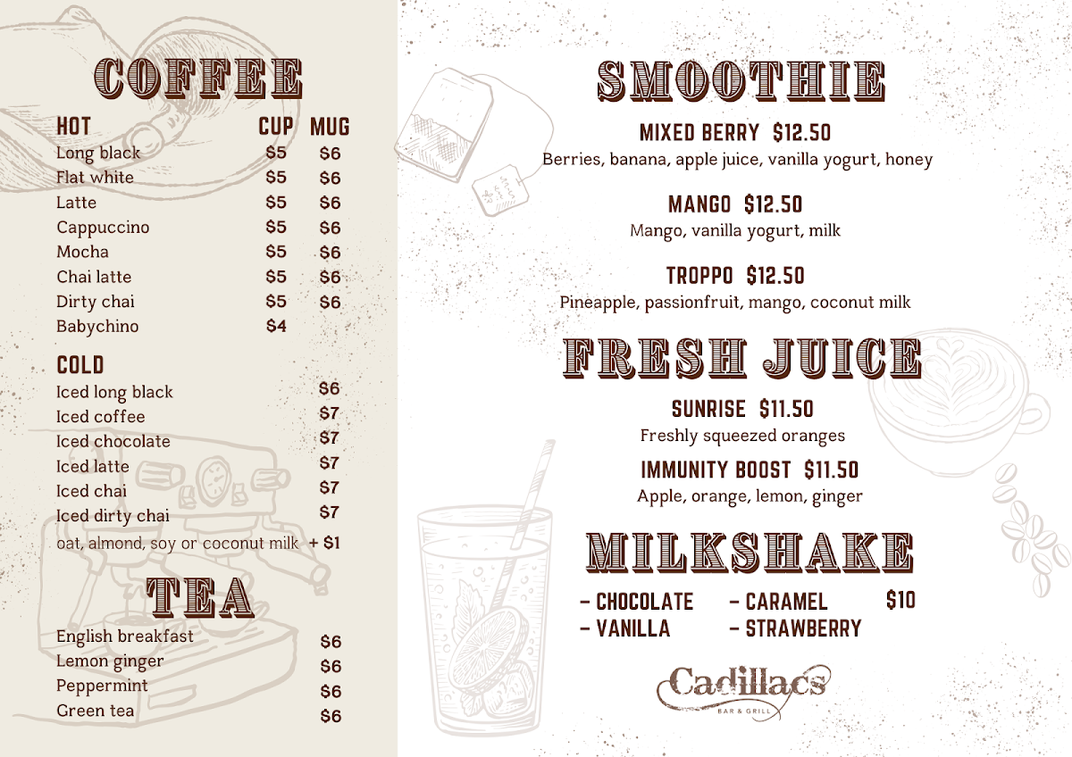 Menu, Cadillacs Bar & Grill