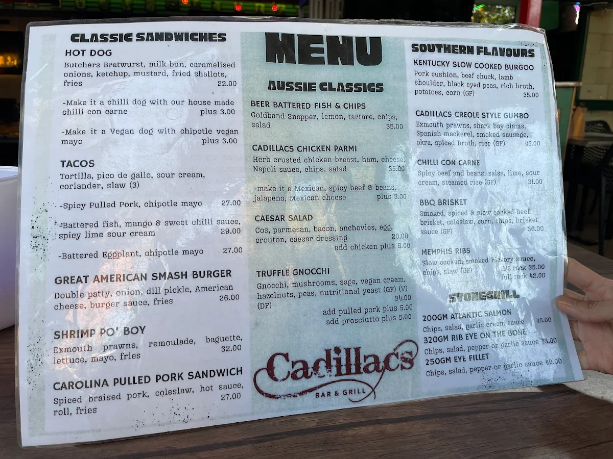 Menu, Cadillacs Bar & Grill