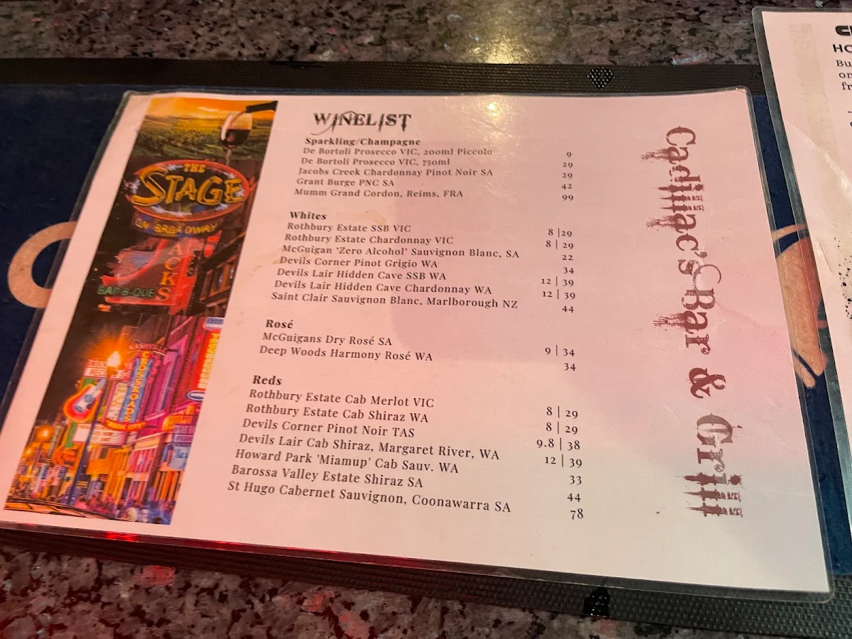 Menu, Cadillacs Bar & Grill