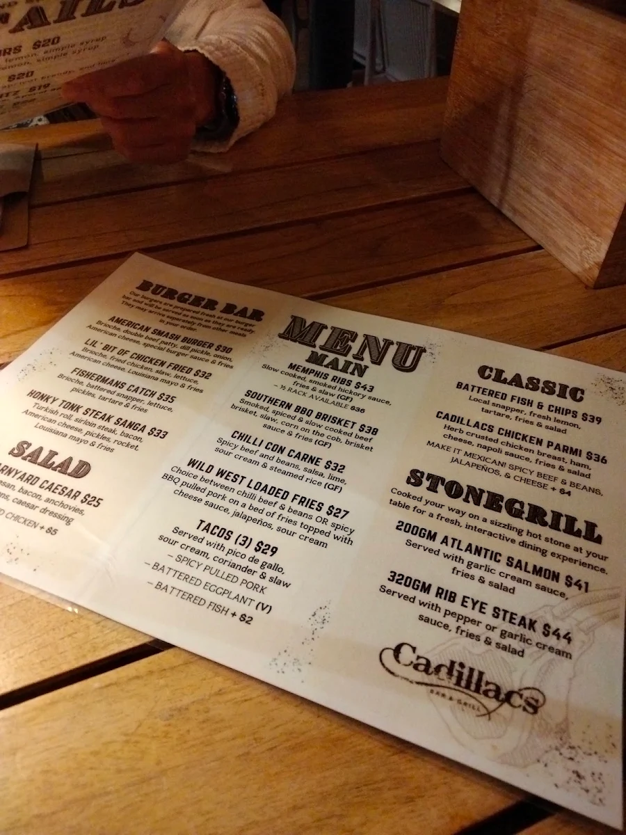 Menu, Cadillacs Bar & Grill