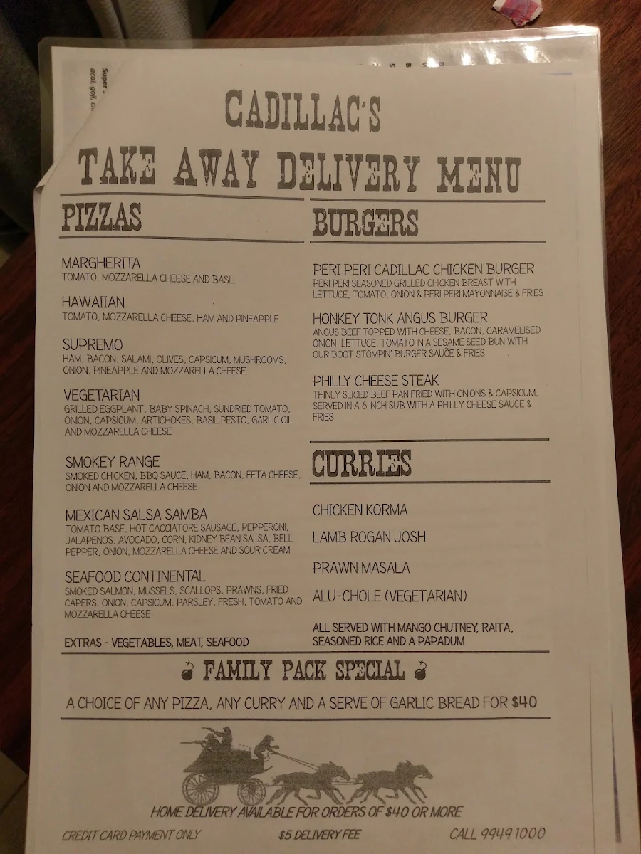 Menu, Cadillacs Bar & Grill