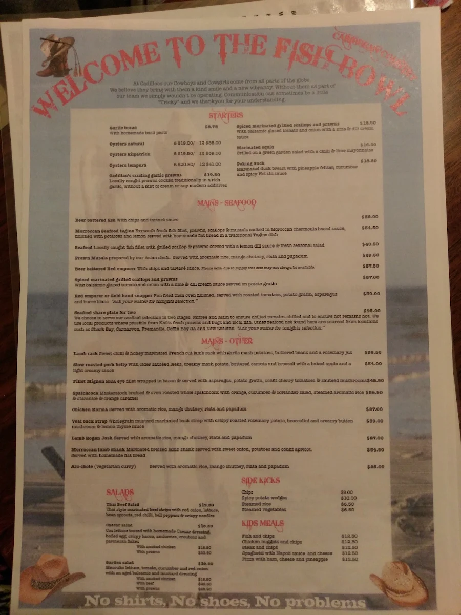Menu, Cadillacs Bar & Grill