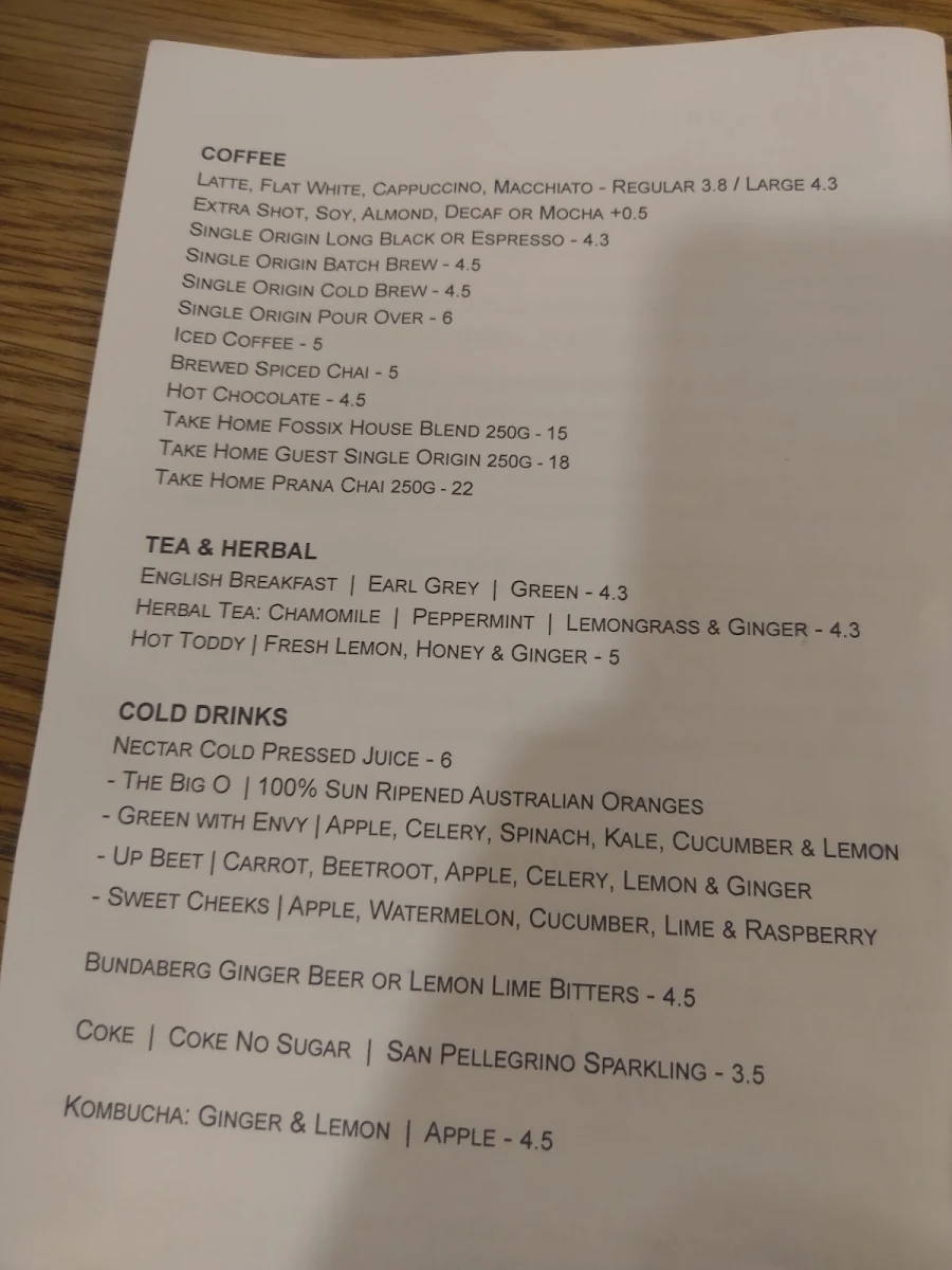 Menu, Fossix Pitt St