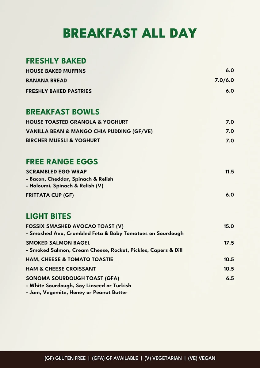 Menu, Fossix Pitt St