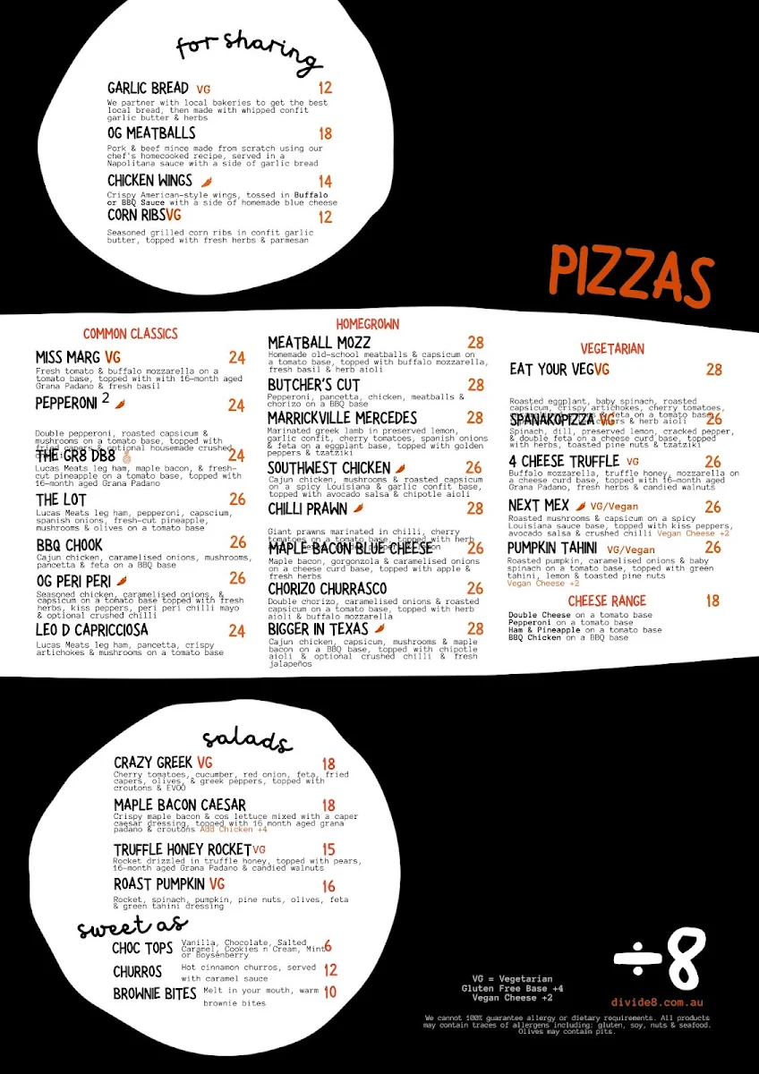 Menu, Divide 8 St Leonards
