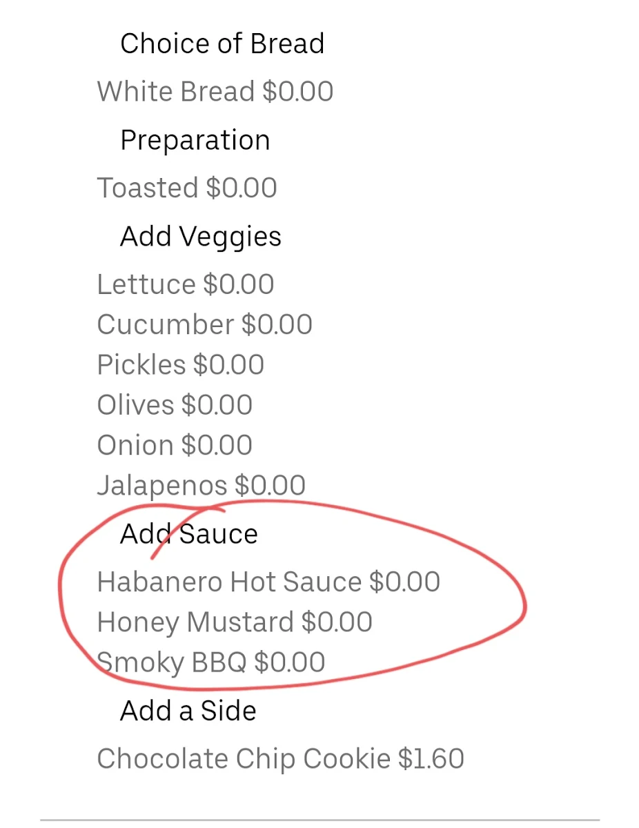 Menu, Subway