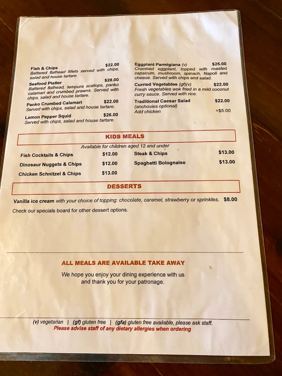 Menu, Nerriga Hotel
