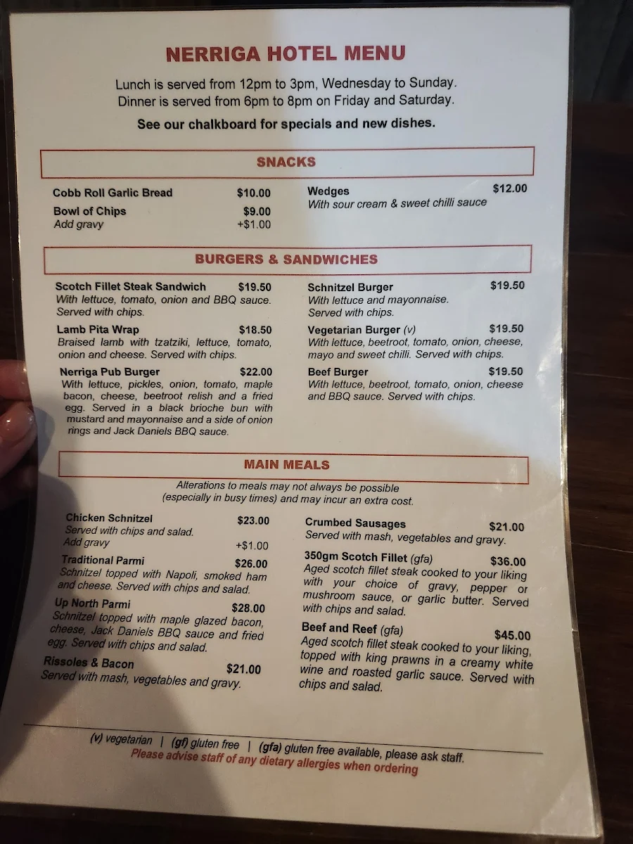 Menu, Nerriga Hotel