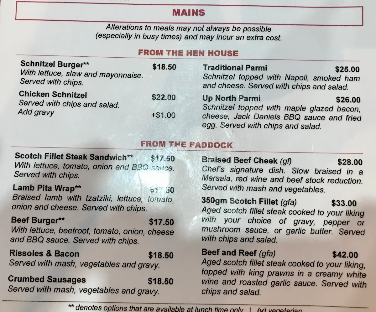 Menu, Nerriga Hotel
