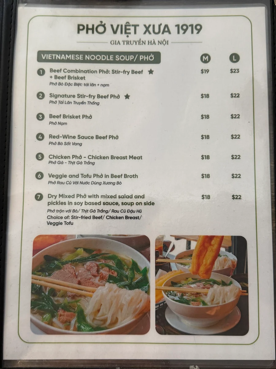 Menu, Pho Viet Xua 1919
