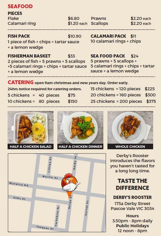 Menu, Derby's Rooster