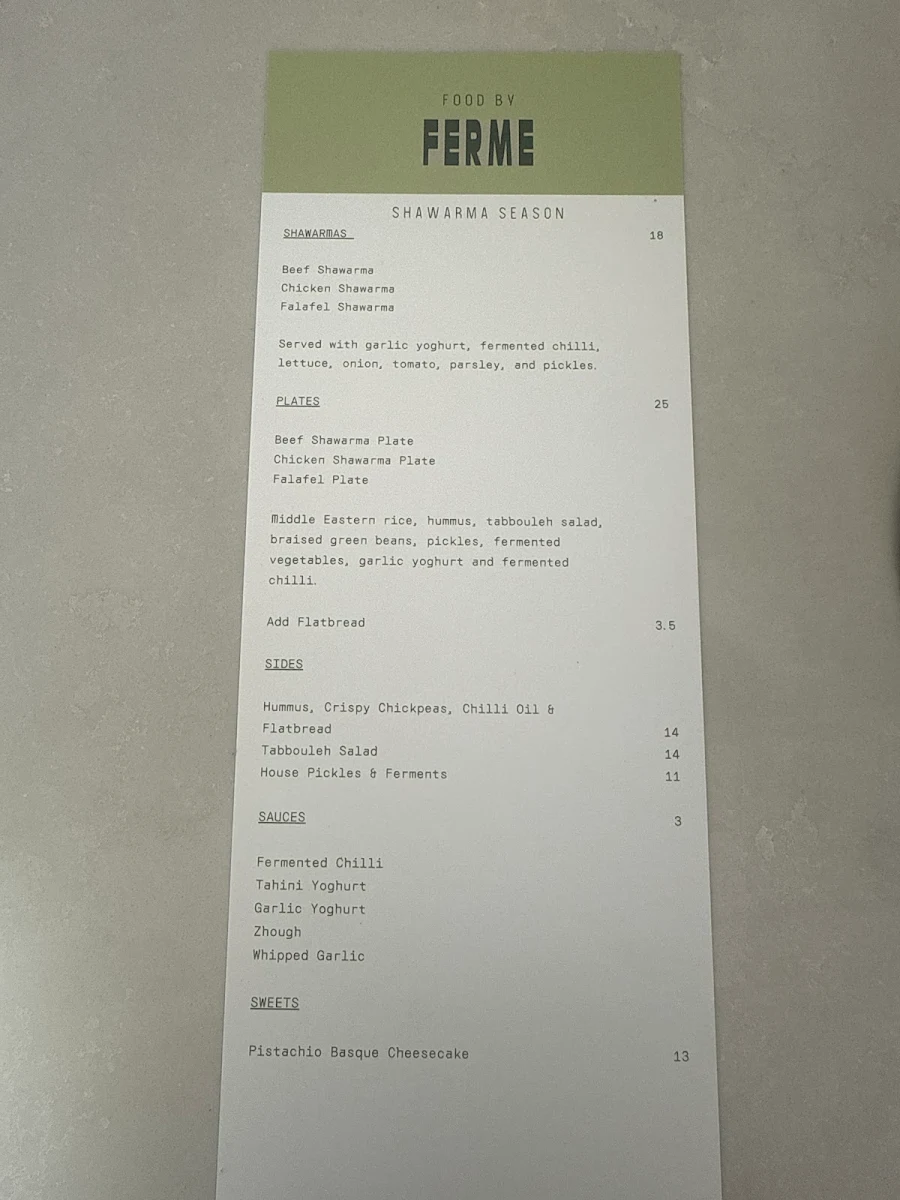 Menu, FERME Shawarma shop at Byron Bay Spirits Co.