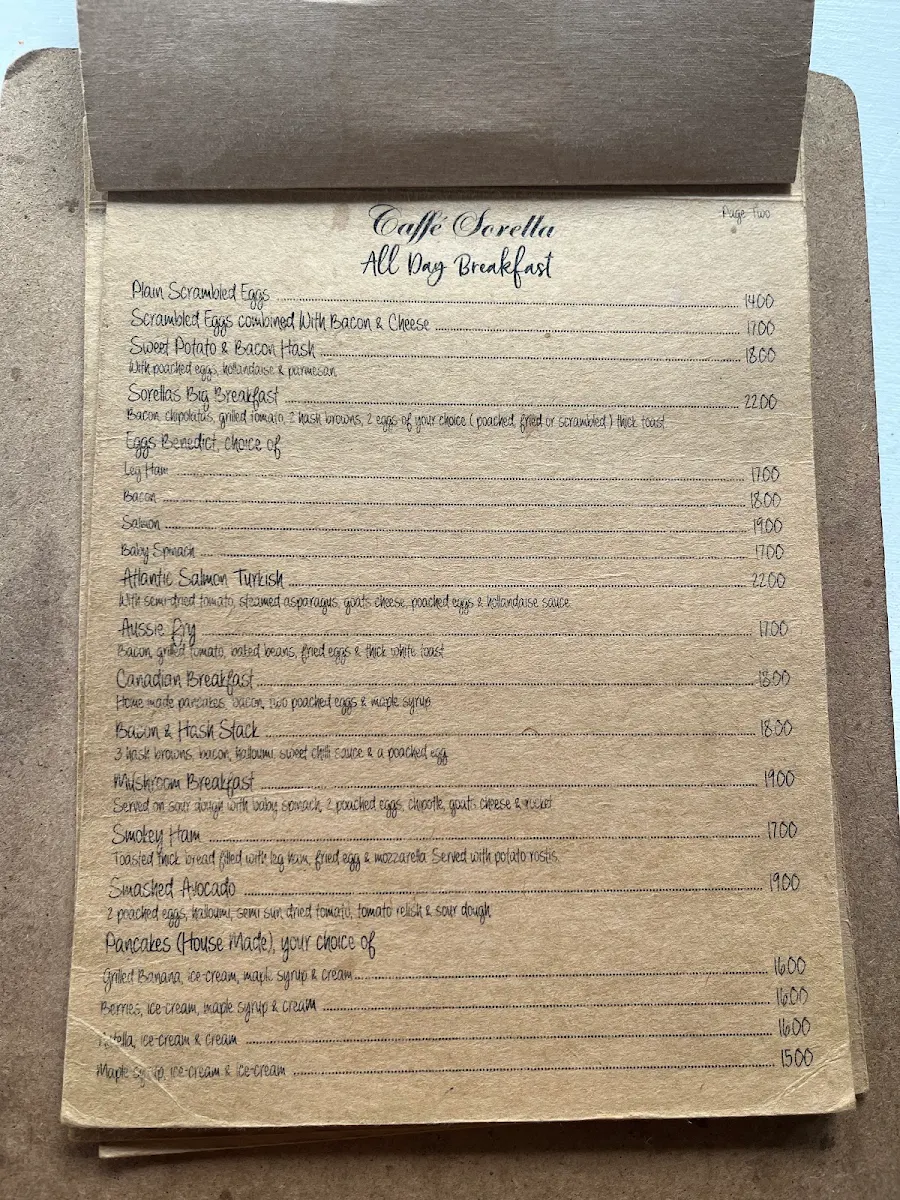 Menu, Caffe Sorella