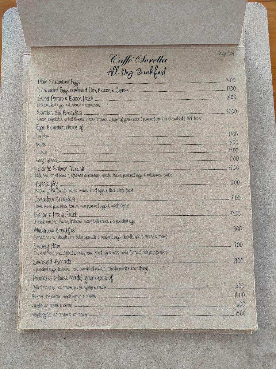 Menu, Caffe Sorella