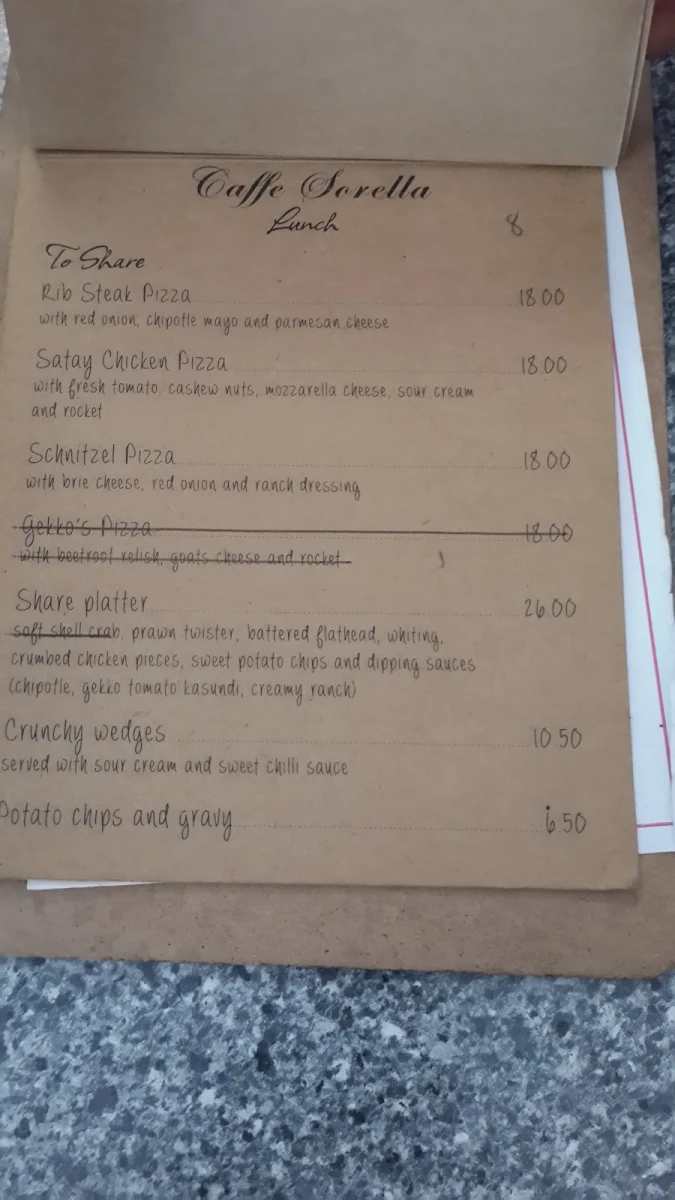 Menu, Caffe Sorella