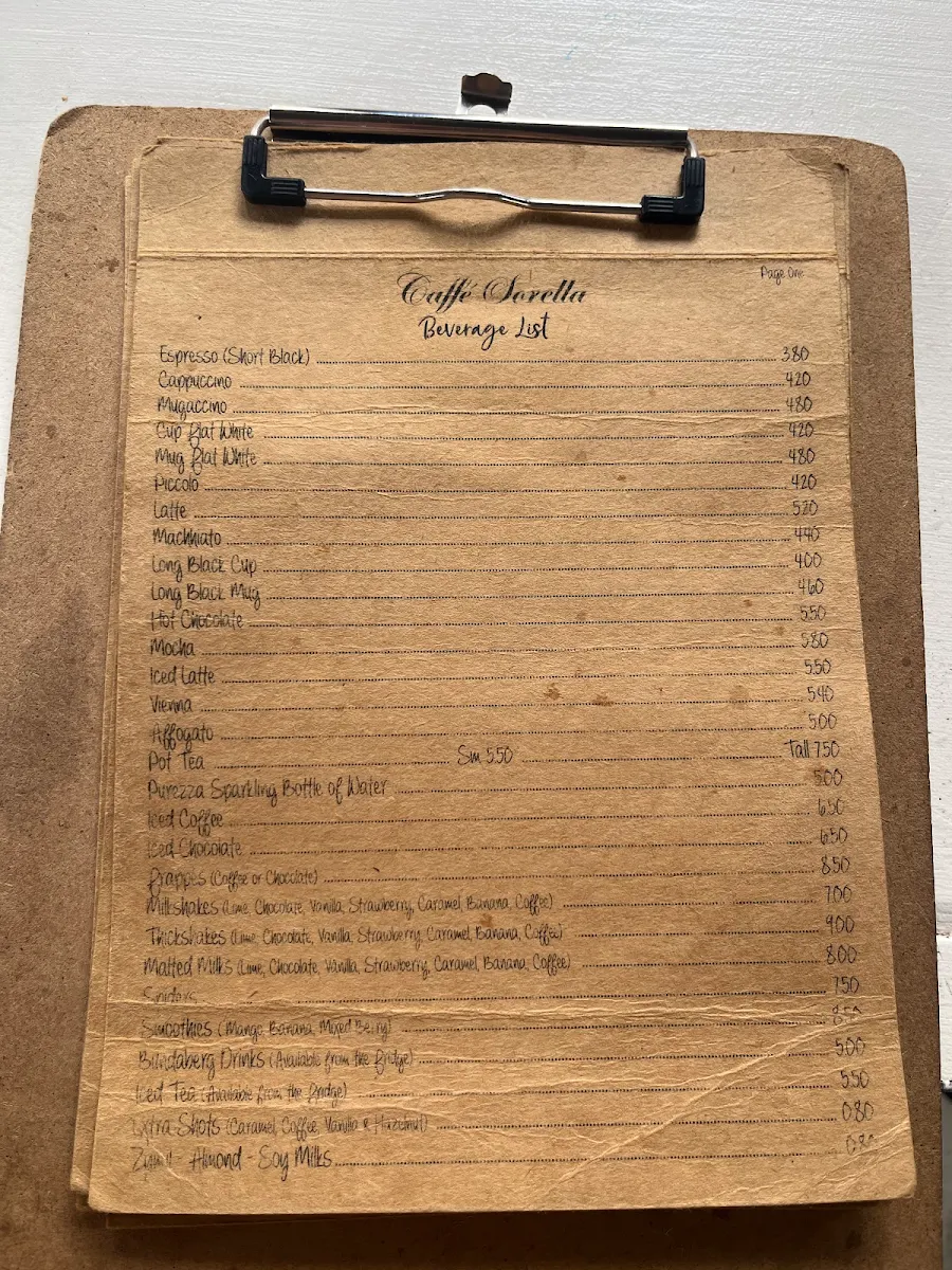 Menu, Caffe Sorella