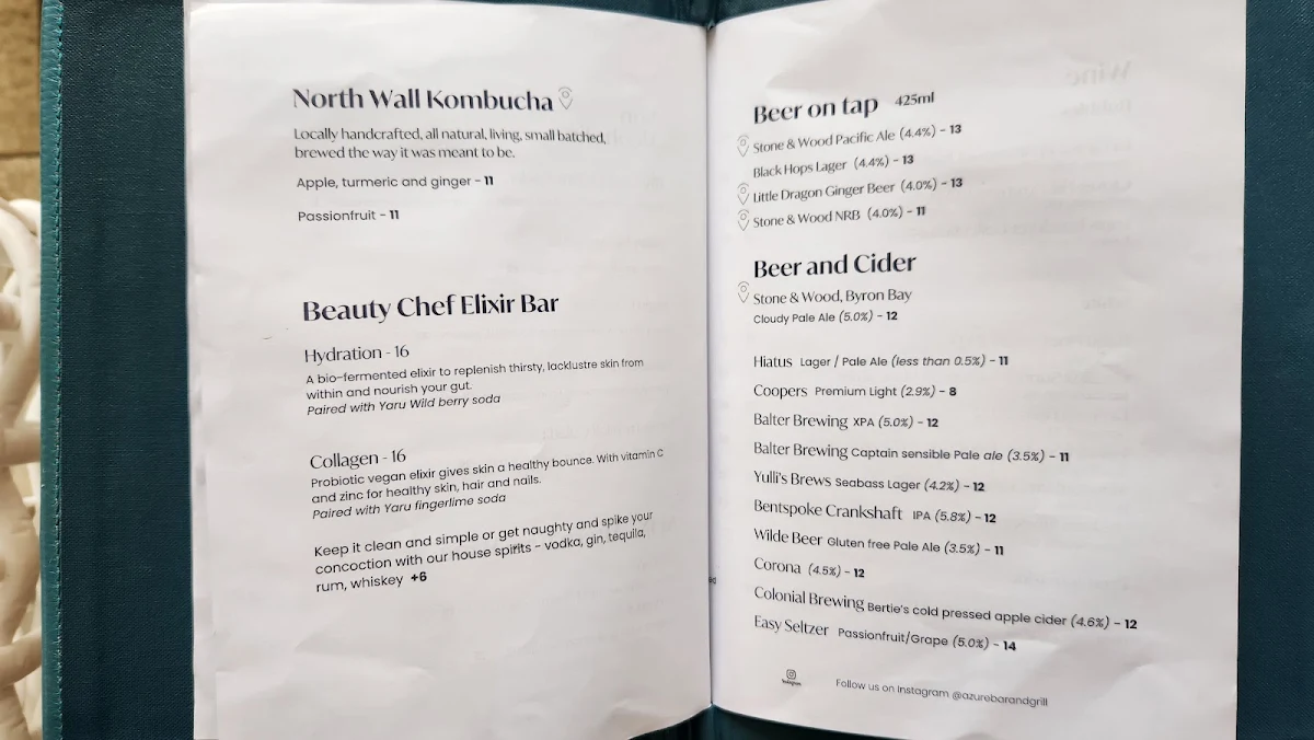 Menu, Azure Bar & Grill