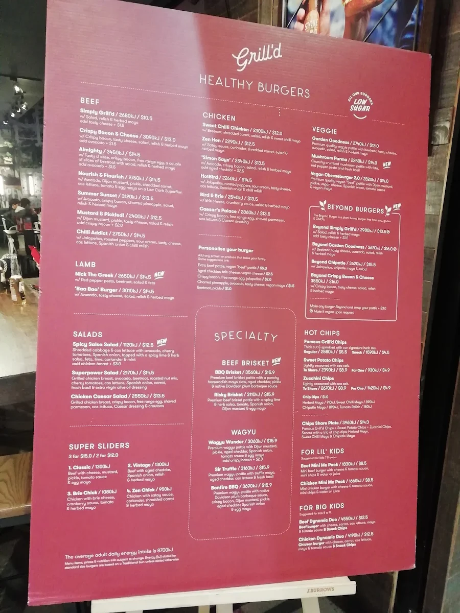 Menu, Grill'd Burgers - Canberra Centre