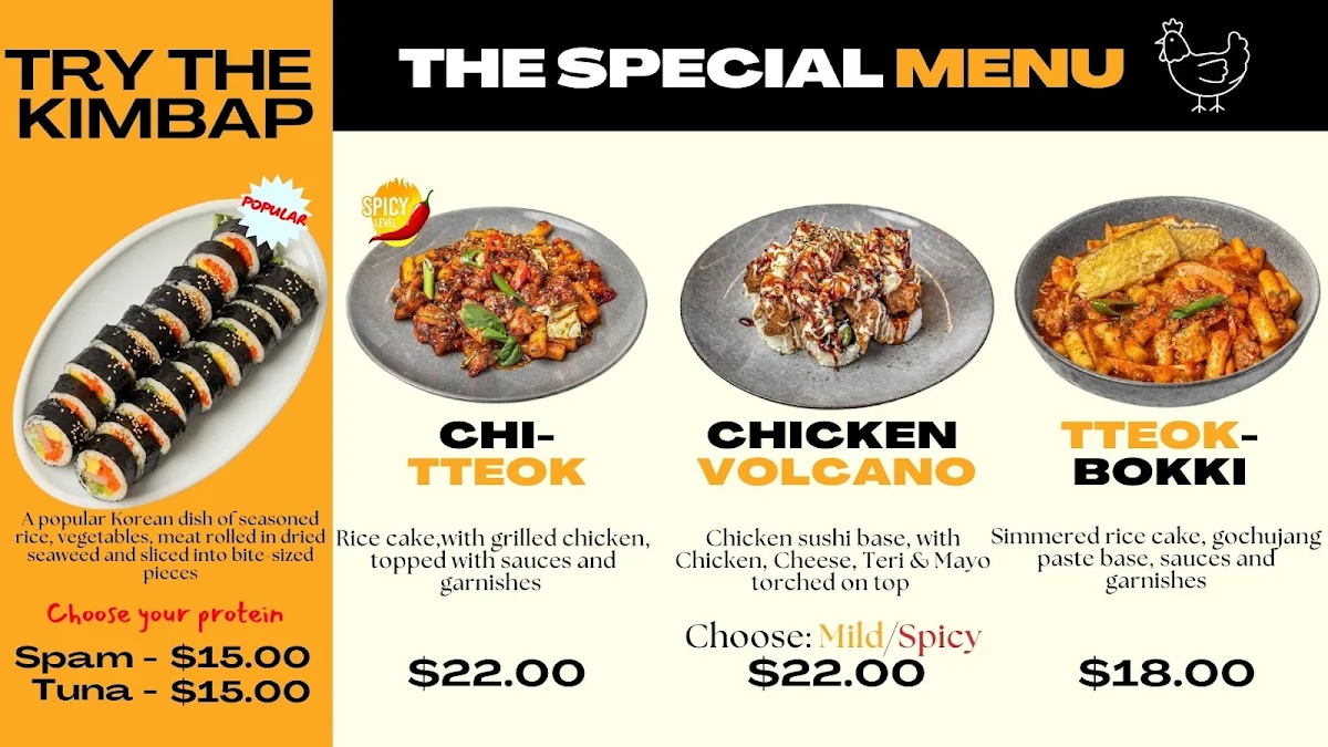 Menu, K-Chicken & Sushi