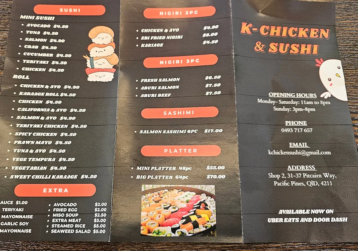 Menu, K-Chicken & Sushi