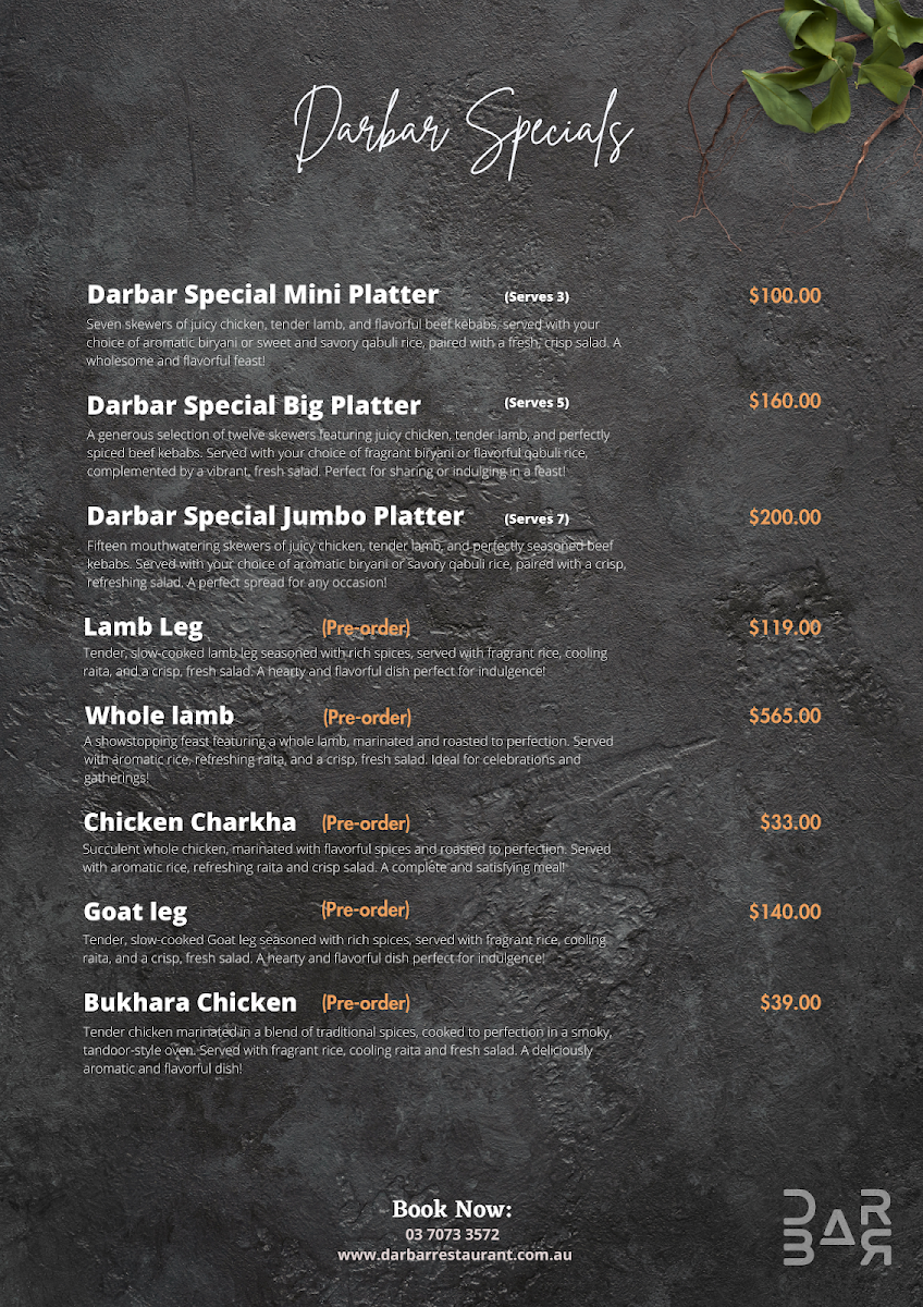 Menu, Darbar Restaurant