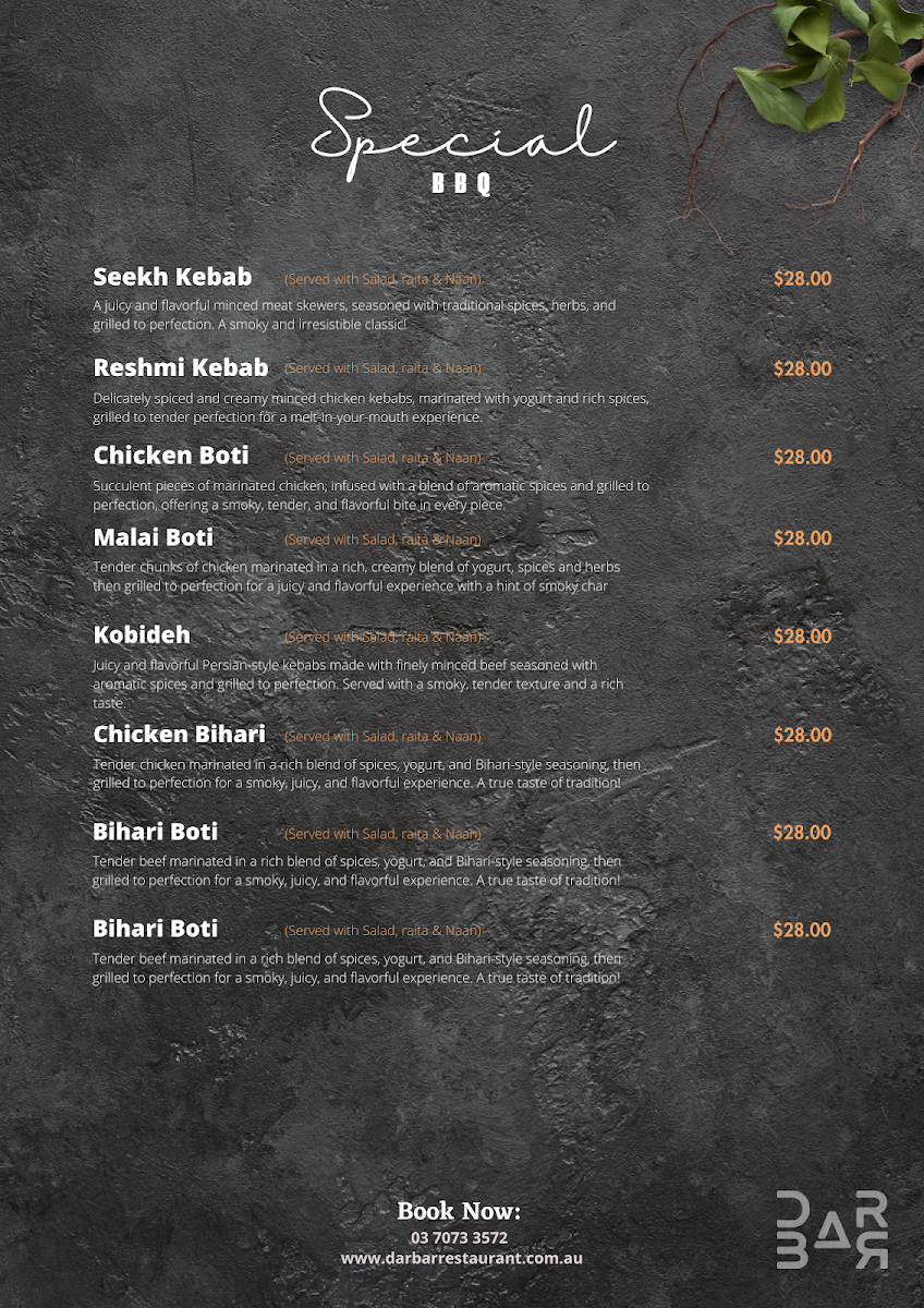 Menu, Darbar Restaurant
