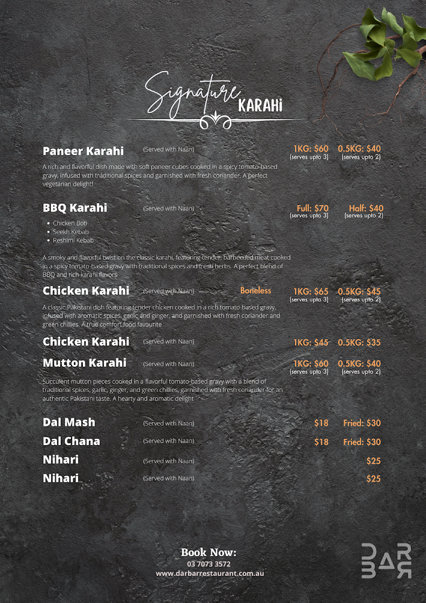 Menu, Darbar Restaurant