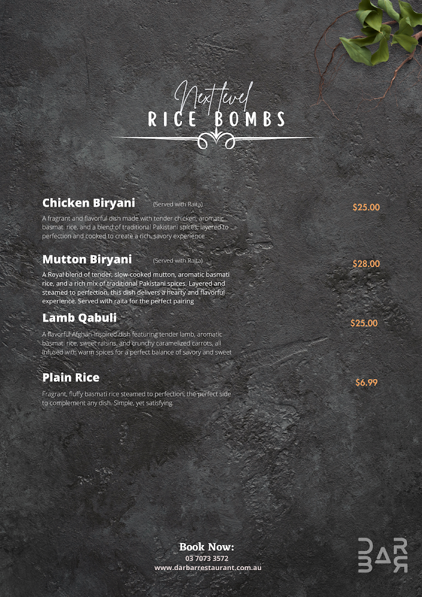 Menu, Darbar Restaurant