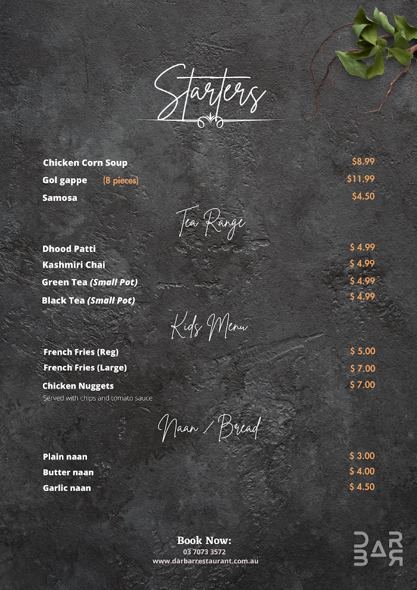 Menu, Darbar Restaurant