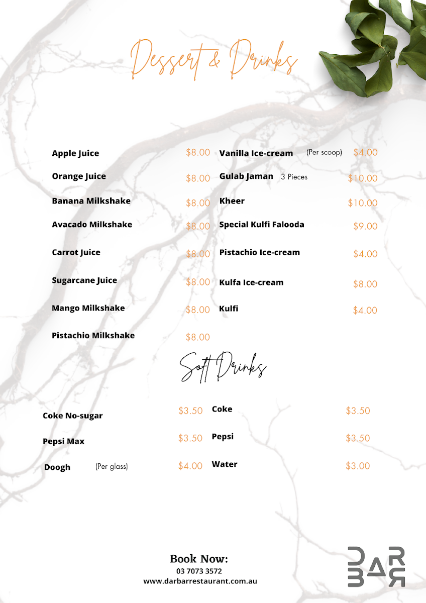 Menu, Darbar Restaurant