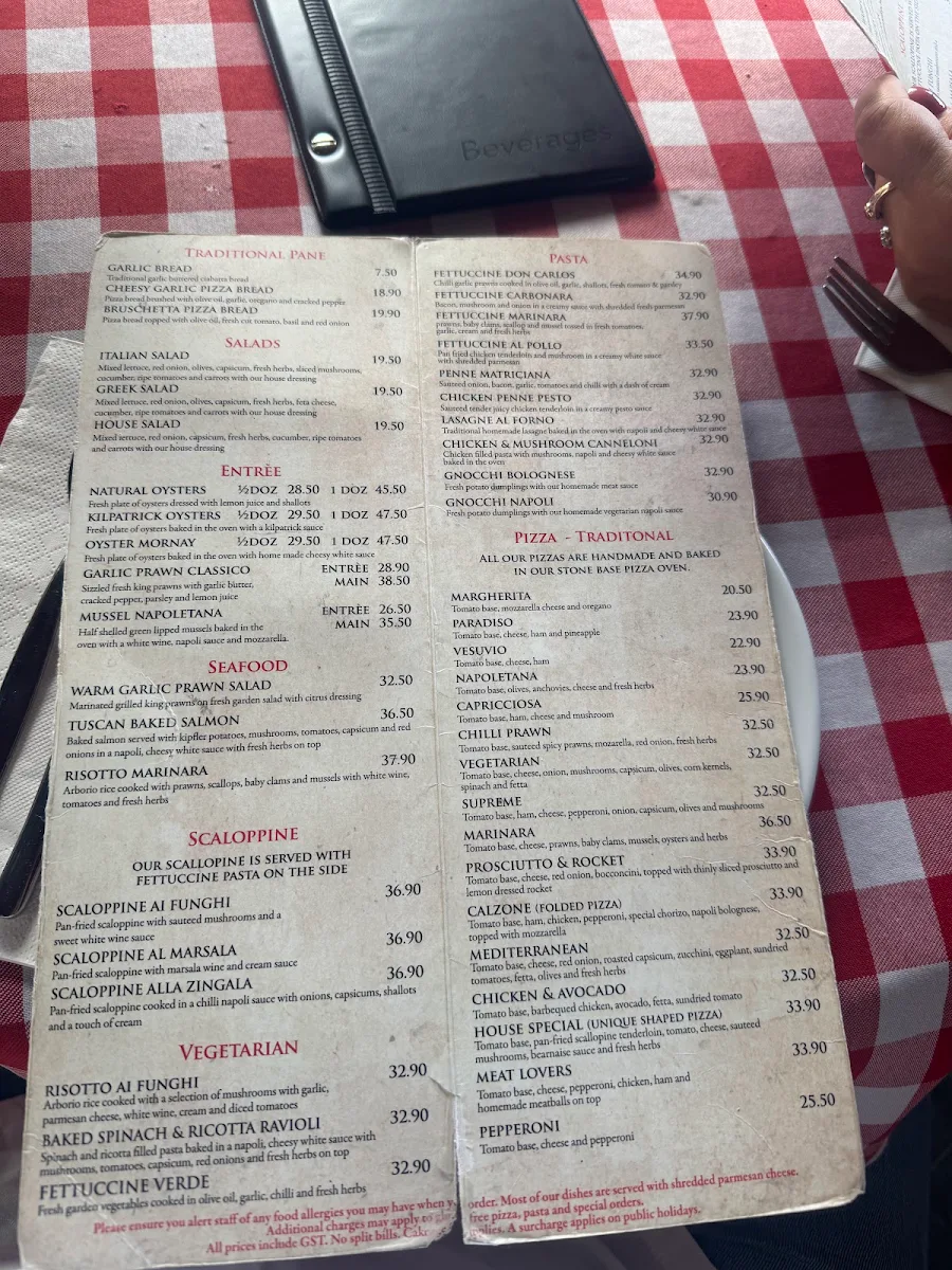 Menu, Marinara Trattoria