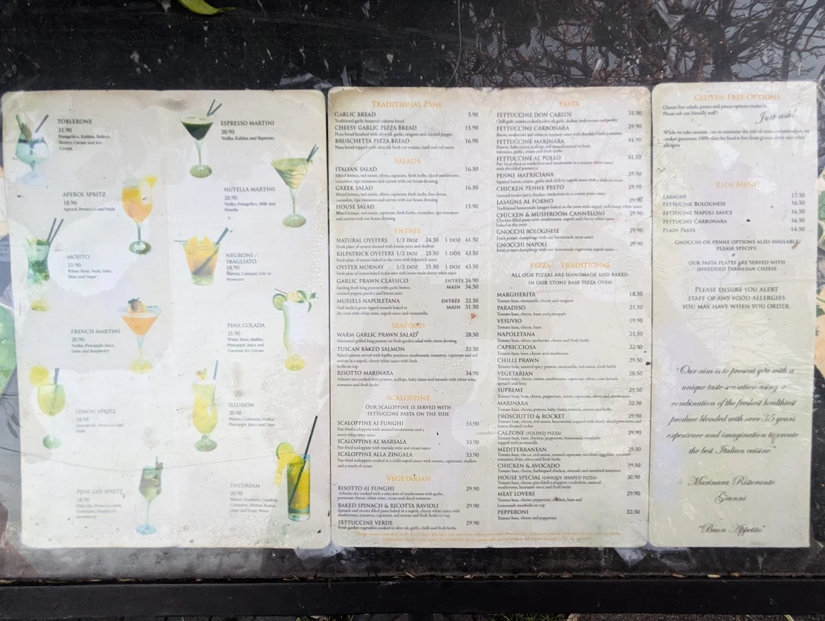 Menu, Marinara Trattoria