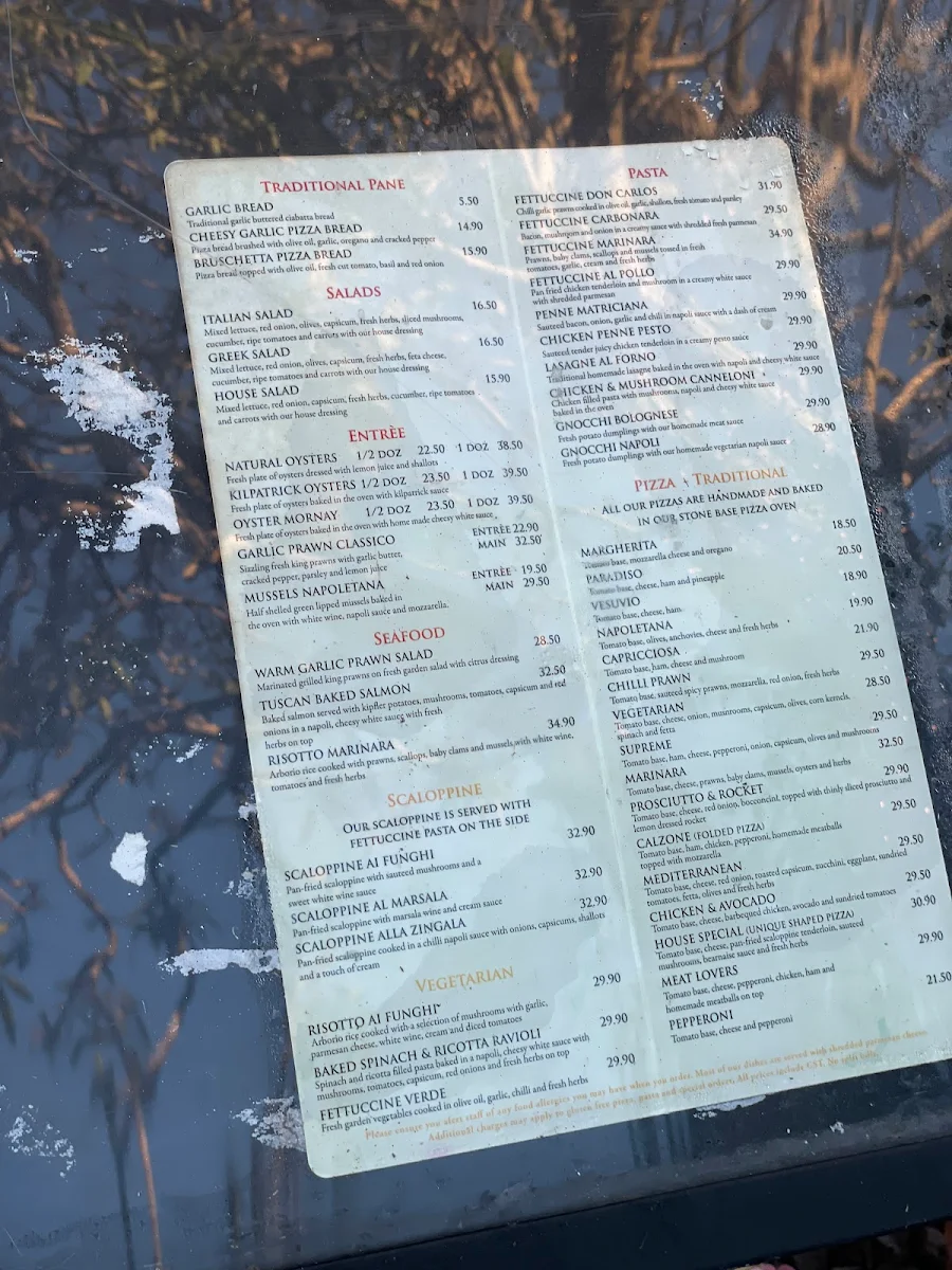 Menu, Marinara Trattoria