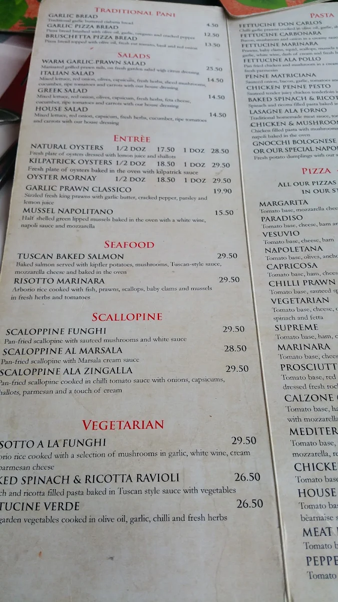 Menu, Marinara Trattoria