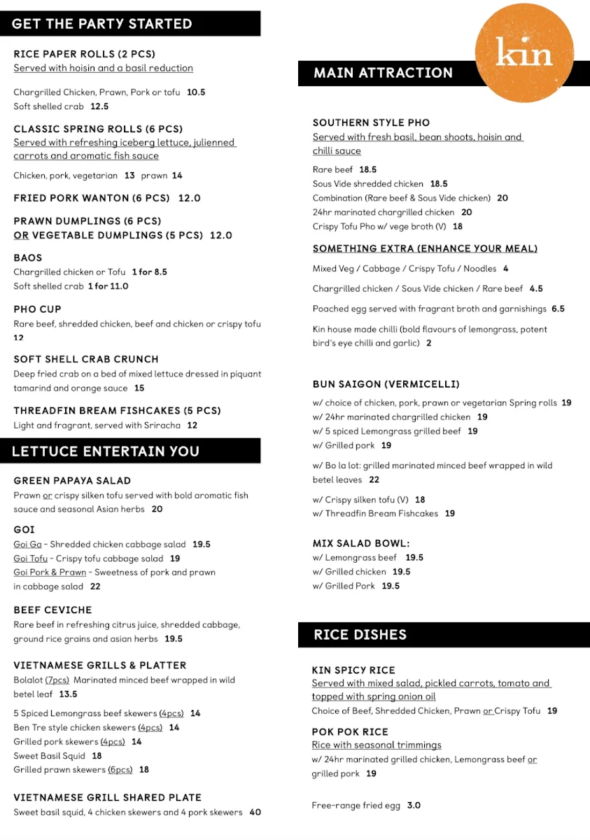 Menu, Kin Vietnamese Restaurant
