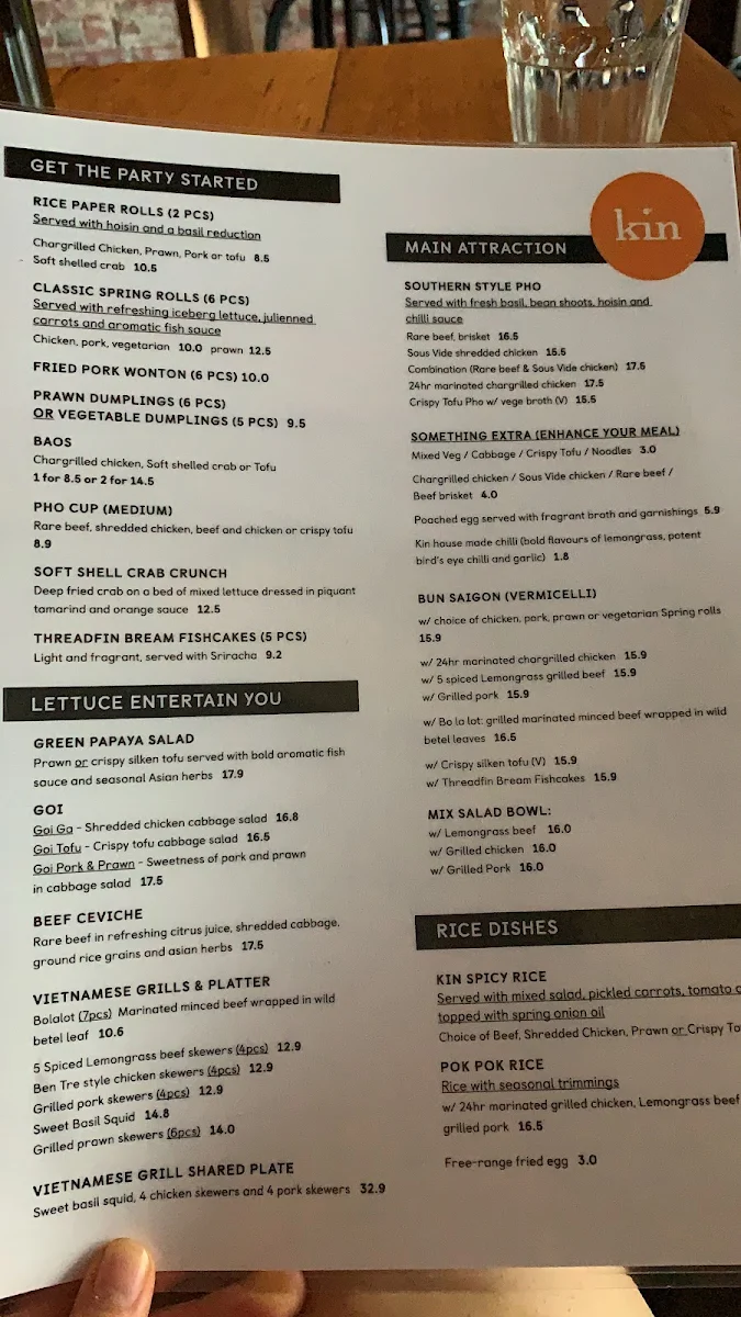 Menu, Kin Vietnamese Restaurant